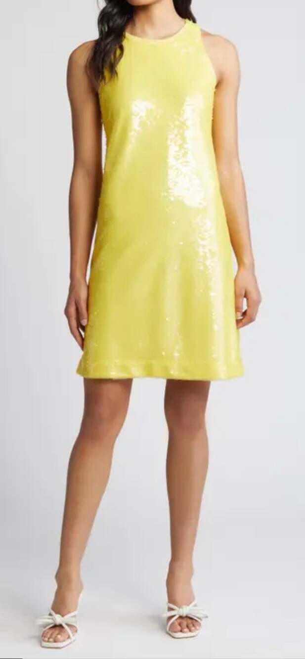 ANNE KLEIN Sleeveless Sequin Mini dress in Tuscan Yellow ($149) NWT small shift